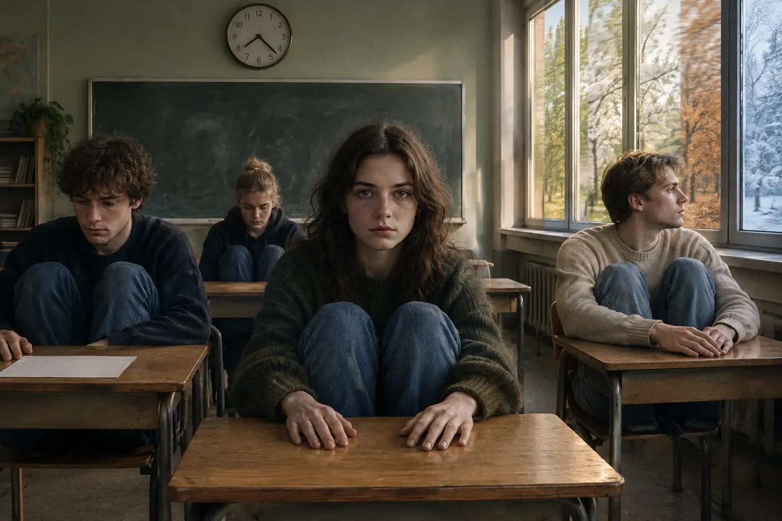 Vier jonge volwassenen zitten aan te kleine schoolbanken in een stil klaslokaal; de klok staat stil en buiten trekken seizoenen voorbij.