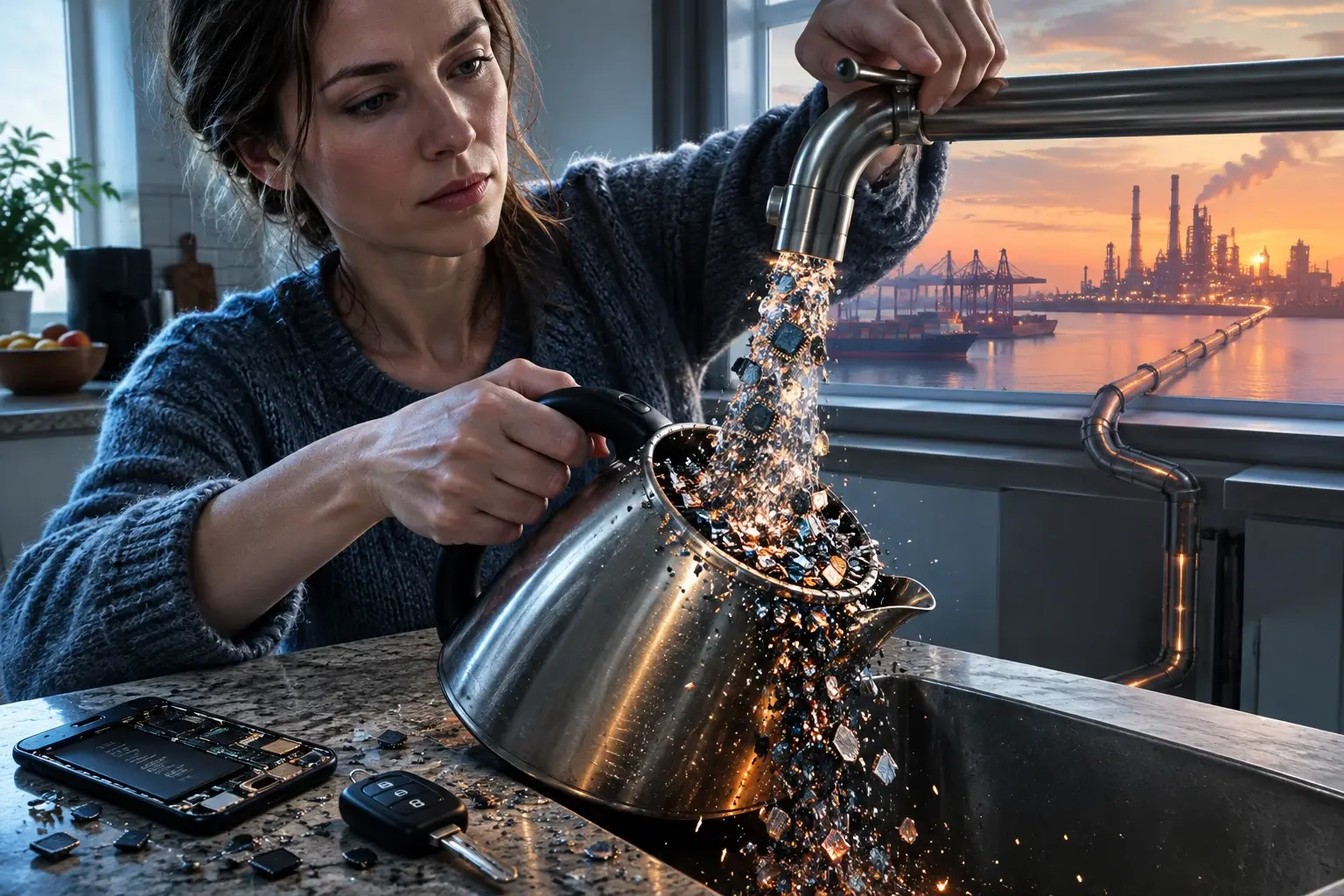 Een vrouw in een keuken vult een ketel met chips en grafiet uit de kraan; buiten glimt een Chinees raffinagecomplex.