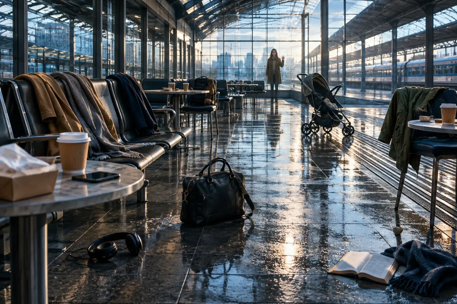 Lege stationshal in ochtendlicht met achtergelaten jassen, koffie en één gewone tas; één persoon kijkt toe.