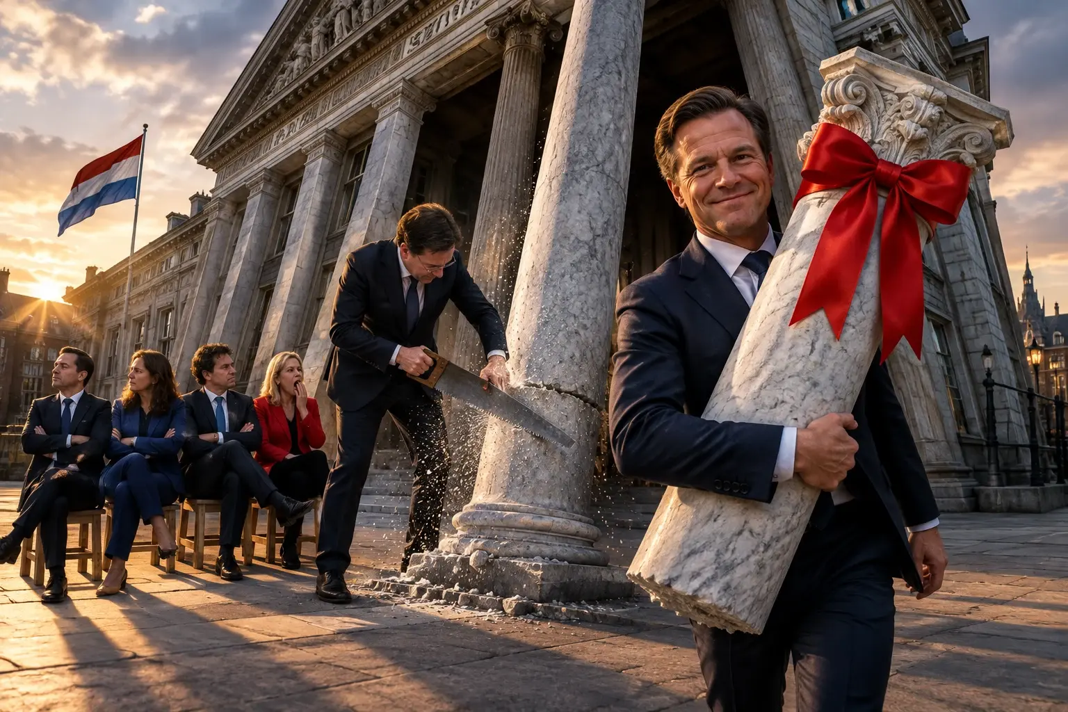 Minister zaagt dragende zuil uit hellend parlementsgebouw; PRO-afgevaardigde draagt de zuil met strik weg, oppositie zit afwijzend toe te kijken.