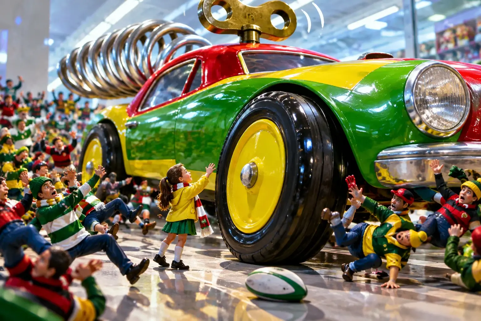 Een reusachtige opwindbare speelgoedauto rolt door een menigte miniatuur rugbyfans; een klein meisje kijkt omhoog naar het wiel terwijl de sleutel op de rug tikt.