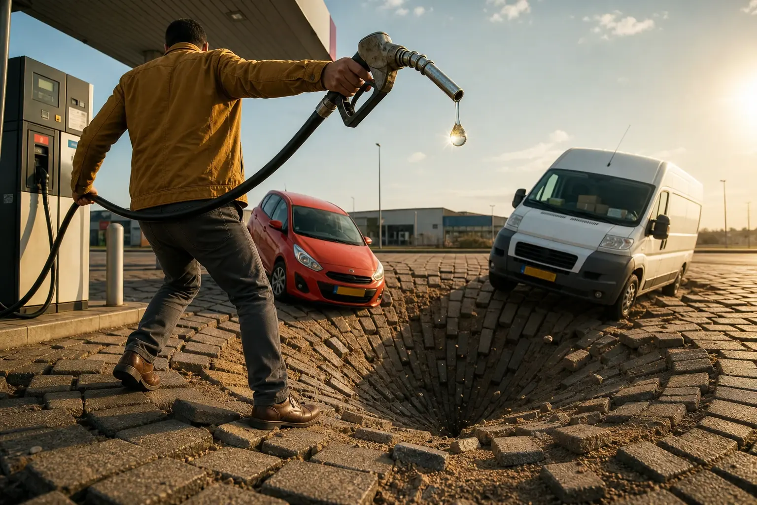 Een automobilist houdt een vulpistool boven één zwevende benzinedruppel, terwijl de betonnen pompplaats onder die kleine druppel diep inzakt en een auto en bestelwagen naar binnen kantelen.