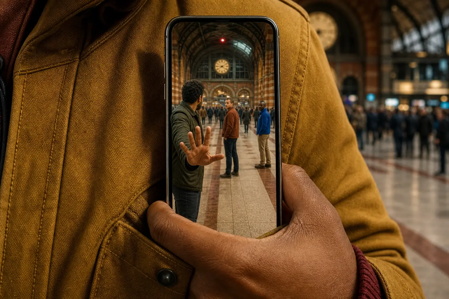 Een hand trekt een verticale telefoon uit een borstzak; achter het dunne glas loopt Amsterdam Centraal levensgroot door, met drie mannen onbereikbaar in de hal.