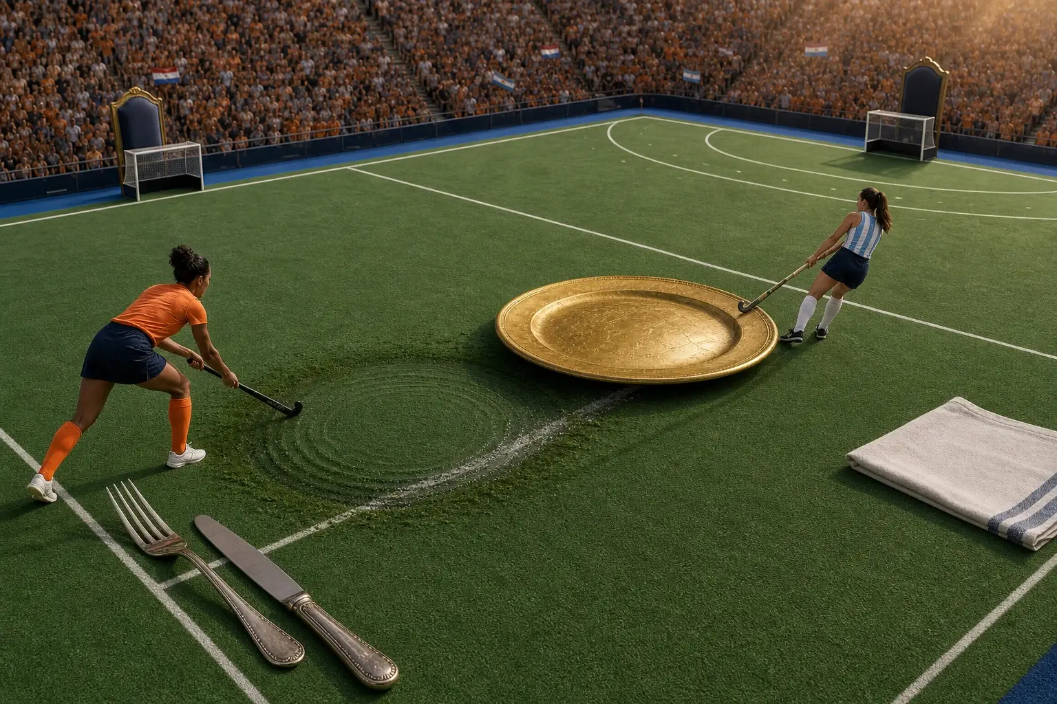 Een Argentijnse hockeyster trekt een groot gouden dinerbord over de middenlijn, weg uit een uitgesleten Nederlands couvert op het veld.