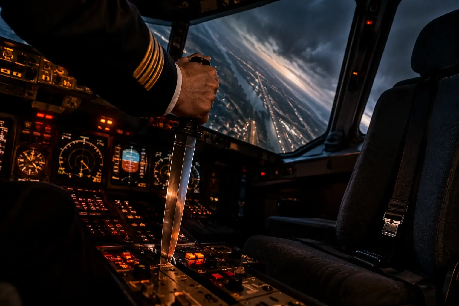 Cockpit met een stuurknuppel die een mes is; de hand van de piloot omklemt het heft, het lemmet steekt in het instrumentenpaneel. De lege copilotenstoel ernaast heeft een doorgesneden riem.