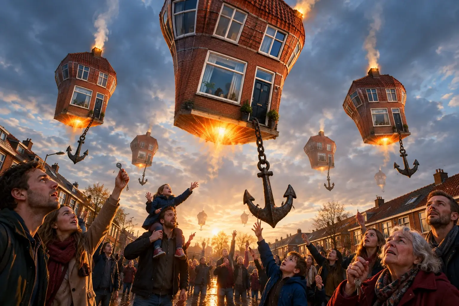Surrealistisch beeld: een Nederlands rijtjeshuis stijgt op als heteluchtballon, met een anker en een menigte kopers eronder.
