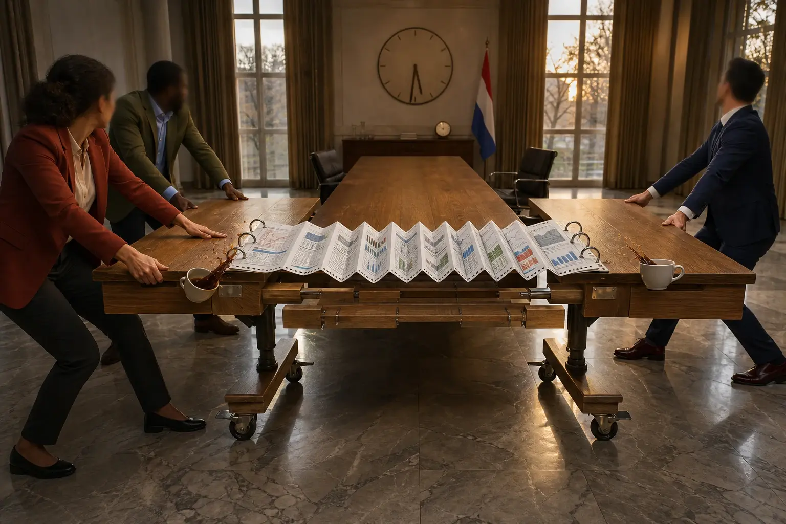 Drie anonieme onderhandelaars trekken aan weerszijden van een ministeriële tafel, die daardoor telescopisch langer wordt en de begrotingspagina’s als een harmonica uitvouwt.