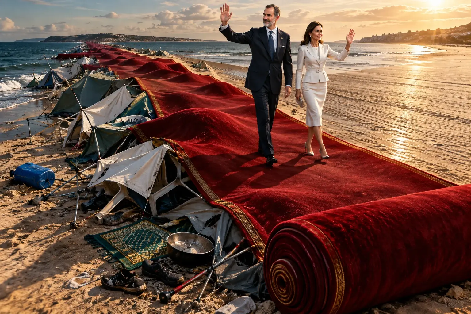 Koninklijke rode loper rolt als wals over het strand en drukt een migrantenkamp plat terwijl koning Felipe en koningin Letizia zwaaien.