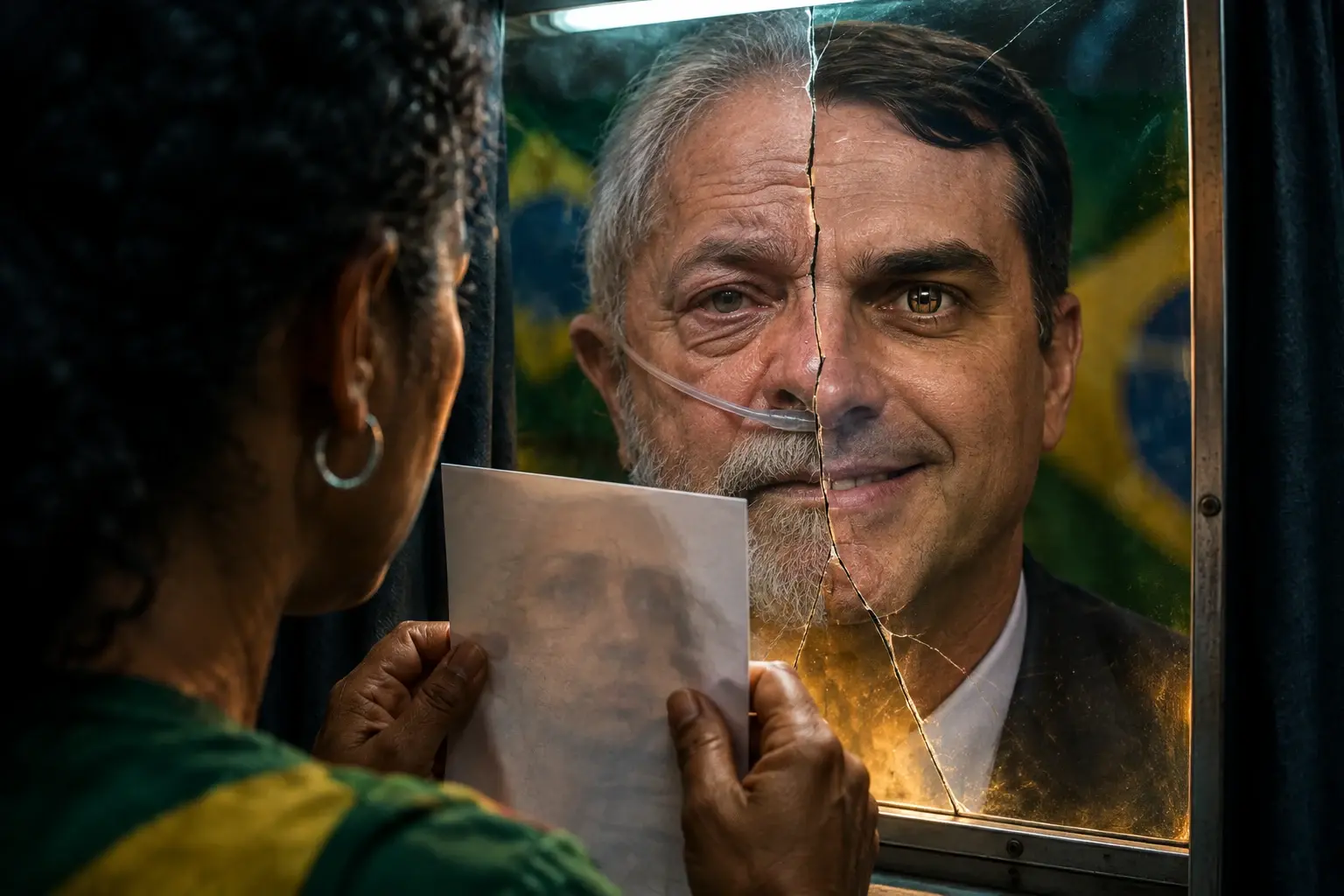 Kiezer in stemhokje ziet in gebarsten spiegel een samengesteld gezicht van Lula en Flávio Bolsonaro