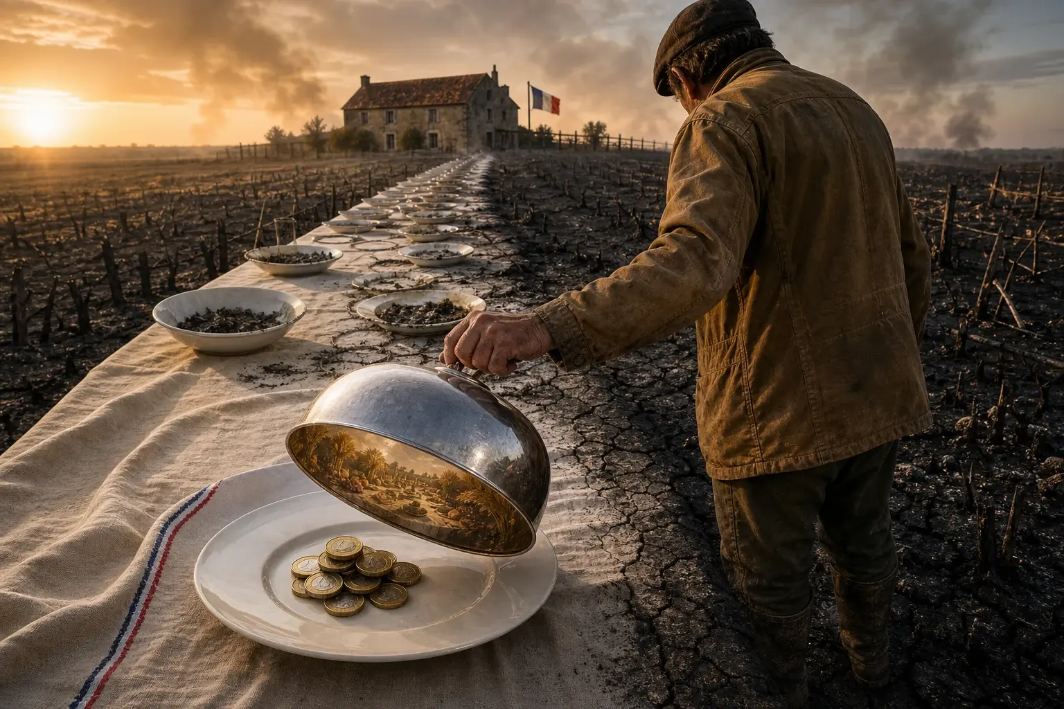 Een boer opent een zilveren stolp boven een kleine muntstapel, terwijl de eindeloze feesttafel achter hem overgaat in een verschroeide Franse akker vol lege, met as bedekte schalen.