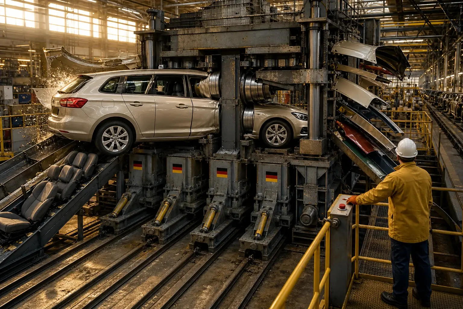 Een auto wordt tijdens het rijden door een fabriekspoort versmald, terwijl onderdelen achterblijven en een medewerker naar de noodstop reikt.