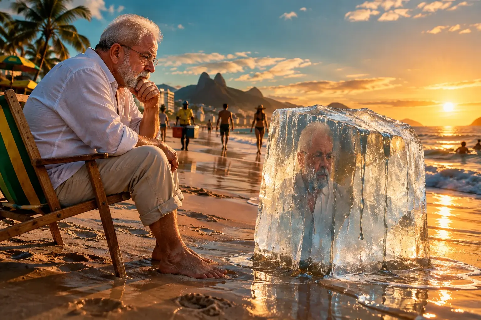 Luiz Inácio Lula da Silva zit op een Braziliaans strand en kijkt naar zijn reflectie in een groot, wegsmeltend ijsblok.