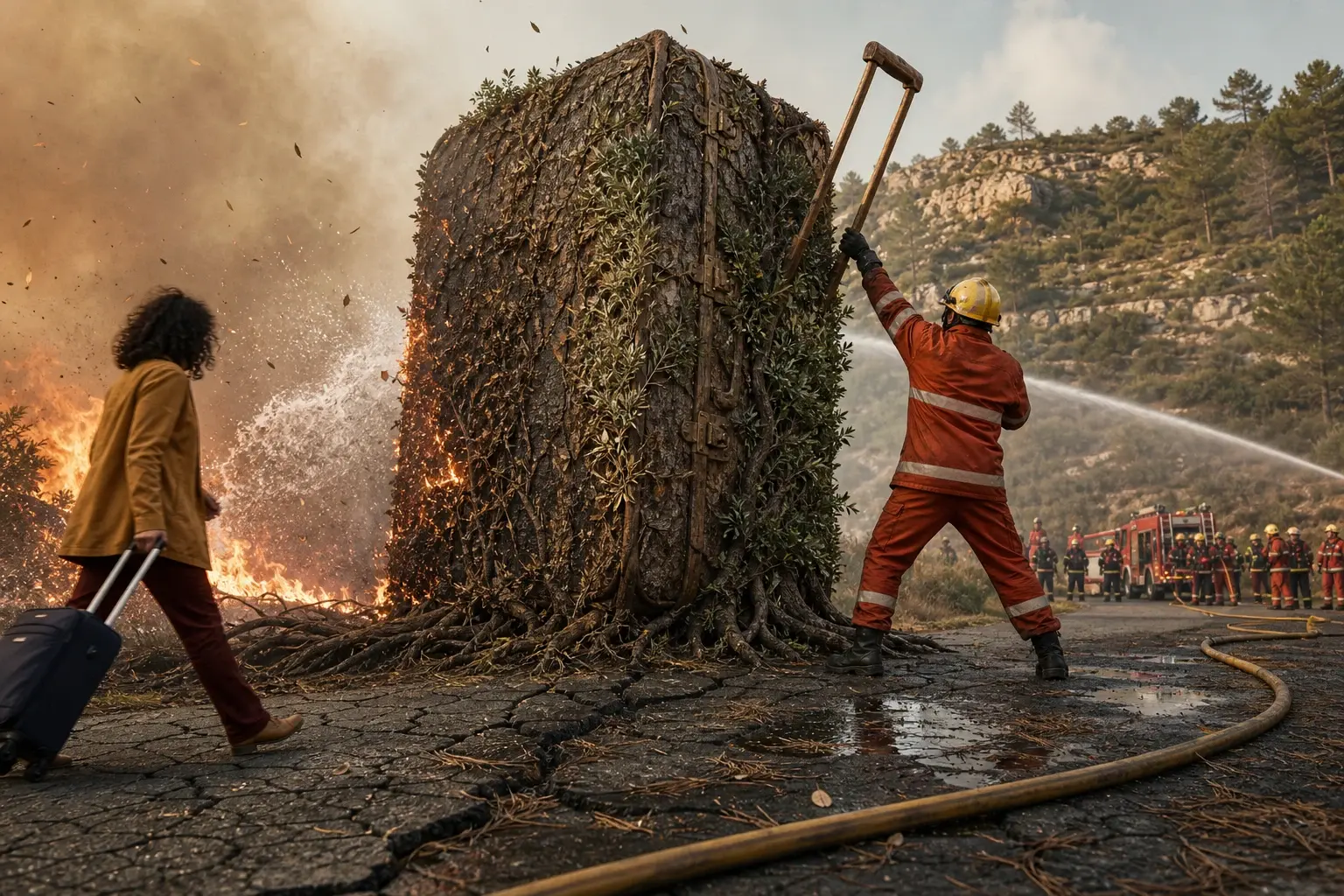 Een evacuee trekt een gewone rolkoffer weg, terwijl een brandweerman vergeefs een reusachtige, brandende koffer van bomen en wortels uit de bodem probeert te trekken.