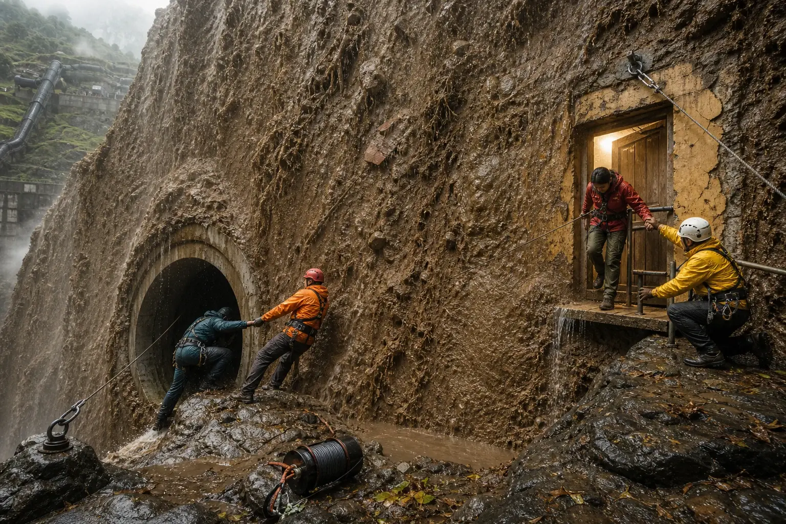 Vier mensen bij twee kleine reddingsopeningen in een immense verticale wand van modderig overstromingswater in een Nepalese kloof.