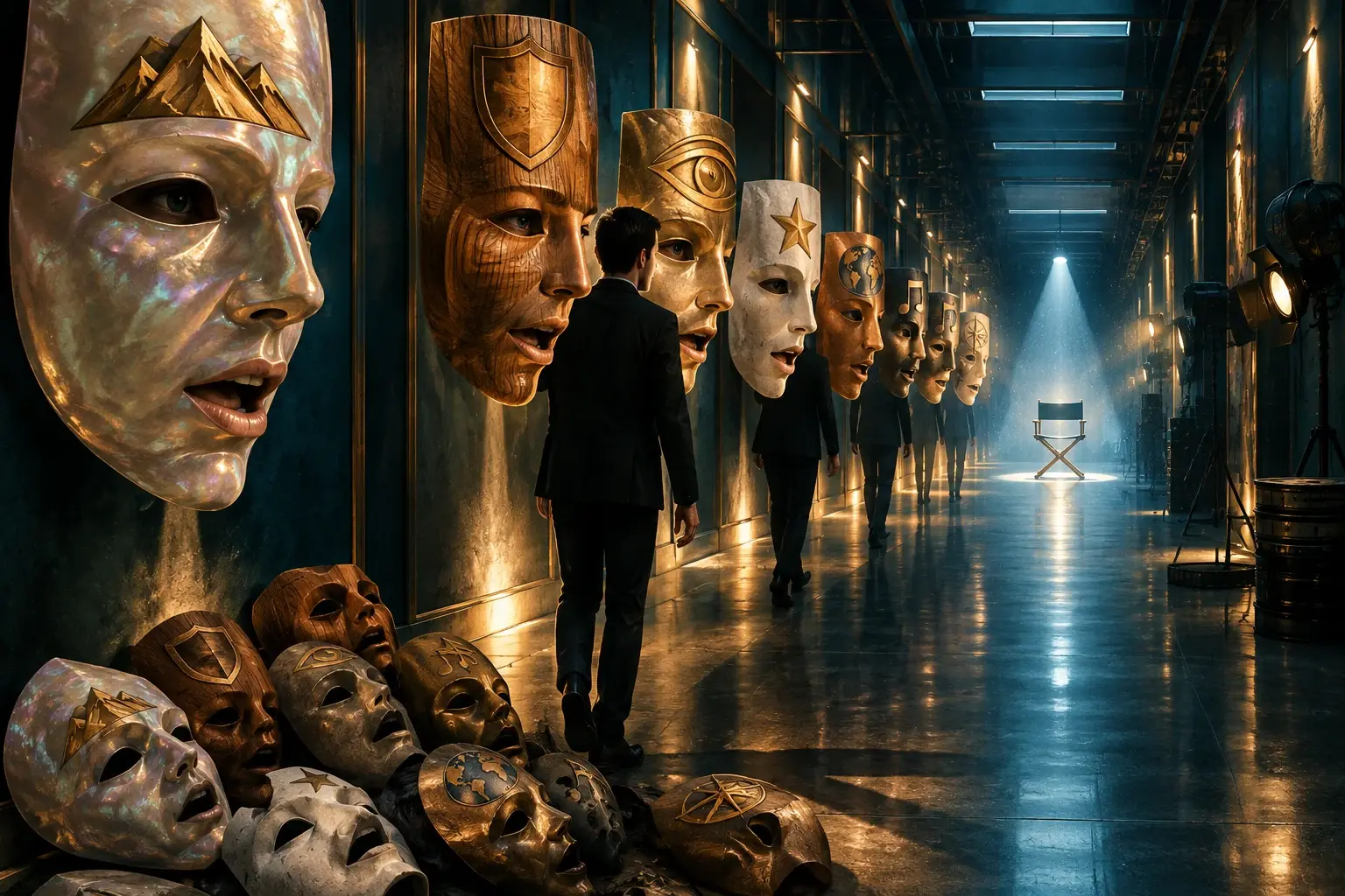 Anoniem lichaam wisselt in een studio-gang van uitvergrote merkachtige maskers; aan het einde zakken alle maskers naast één regisseursstoel.