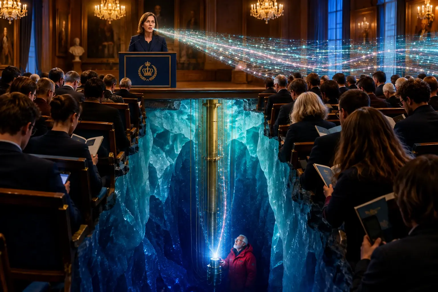 Ellen Moons spreekt achter een katheder; haar woorden worden een stroom deeltjes die door zaal en ijs reist naar Francis Halzen, waar één vonk oplicht.