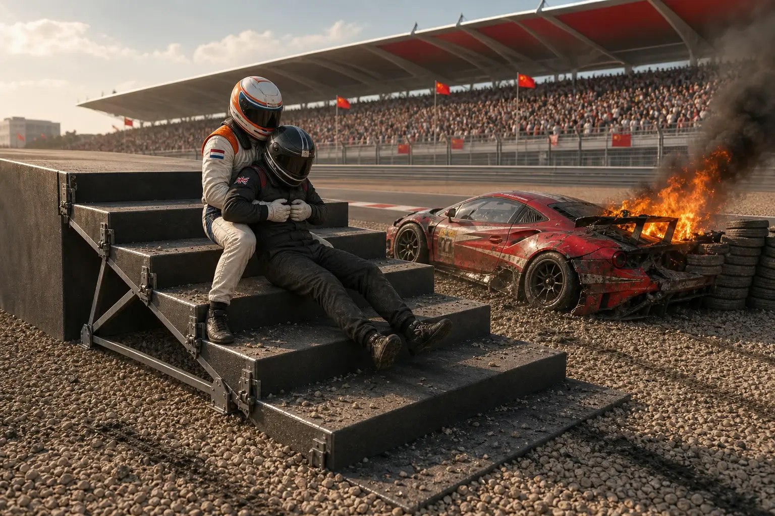 Een leeg erepodium vouwt omlaag tot een trap waarop een coureur zijn collega wegtrekt van een brandende rode GT-racewagen.