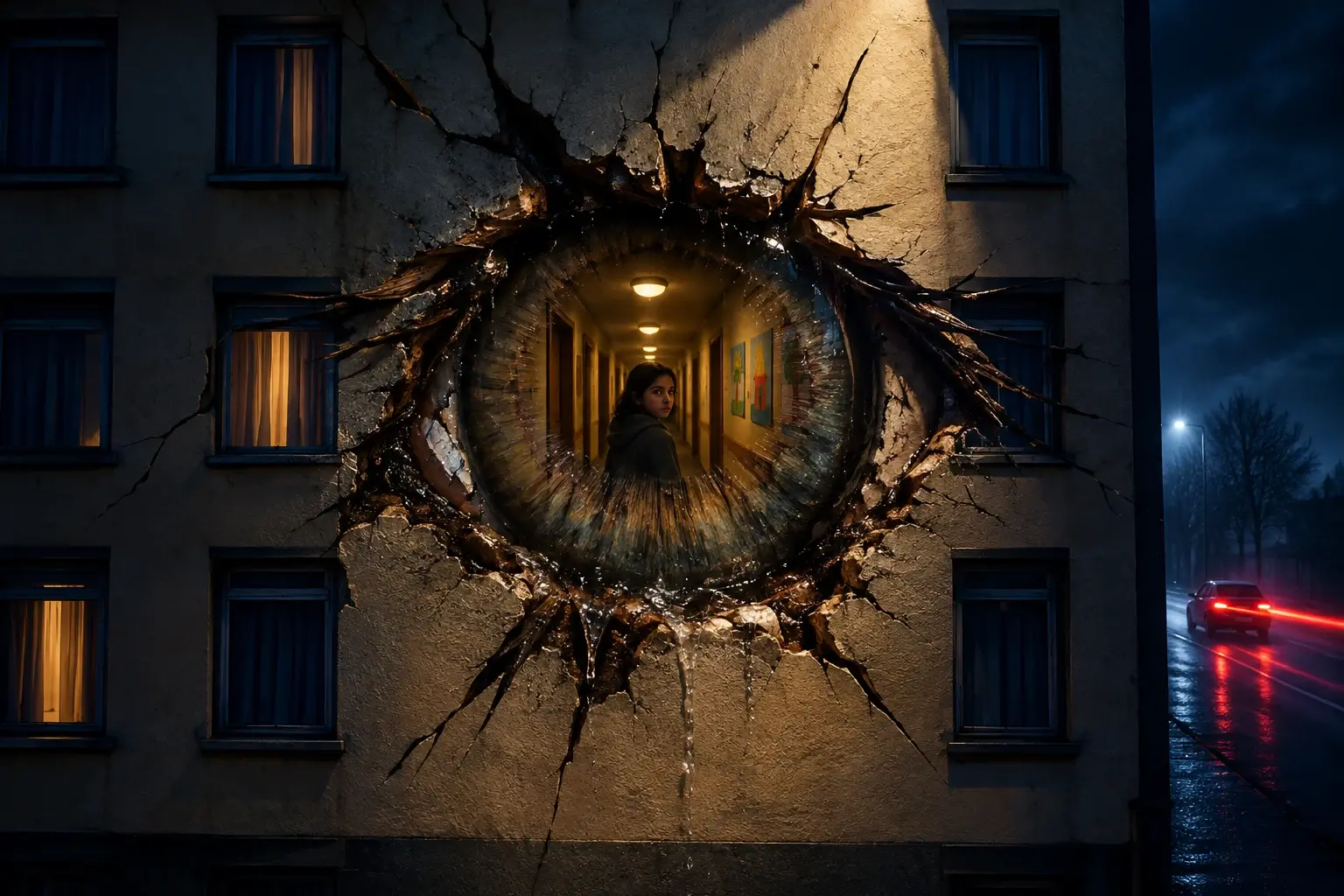 Nachtelijke gevel van een asielhotel waarin een beschadiging verandert in een starend oog, met op de achtergrond een wegrijdende auto.