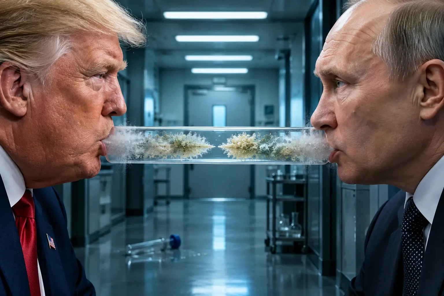 Donald Trump en Vladimir Poetin tegenover elkaar met een glazen buis tussen hun lippen; in de buis groeit een bleek waas naar het midden.