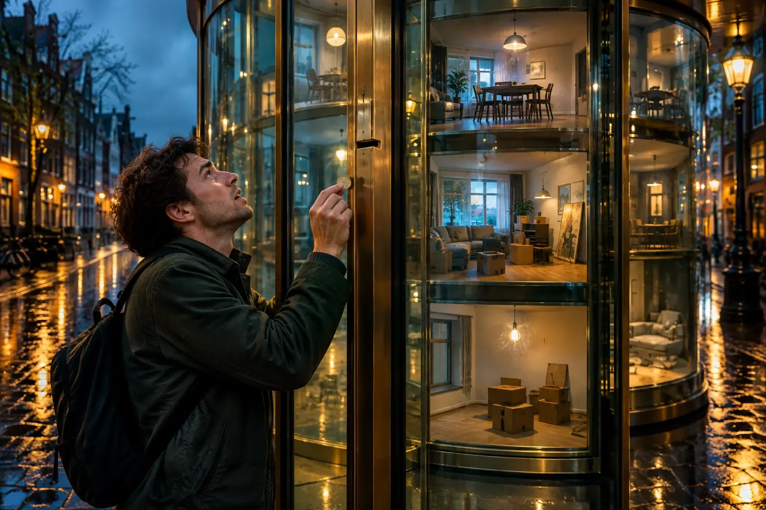 Generieke huurder strekt zich voor een glazen draaideur met een muntgleuf die langs een messing rail omhoogschuift, achter glas lege woningen.