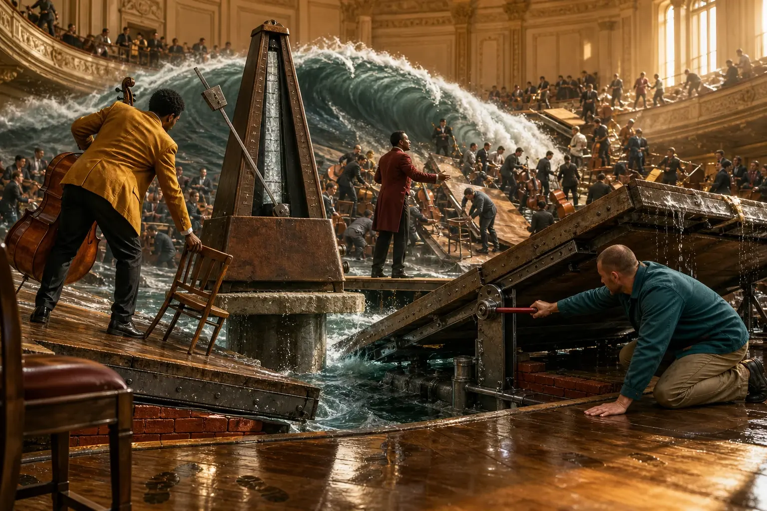 Een reusachtige metronoom blijft star staan terwijl een vol orkest zijn instrumenten verplaatst over een concertpodium dat als een watergolf omhoogkomt.
