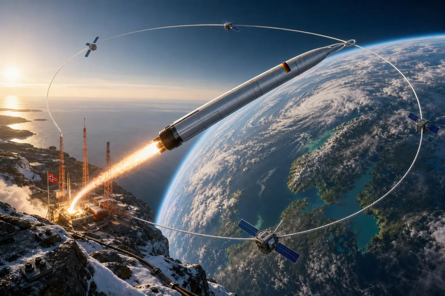 Een raket vanaf een besneeuwde Noorse basis trekt als een naald de laatste zilveren steek dicht in een baan met satellieten rond de aarde.