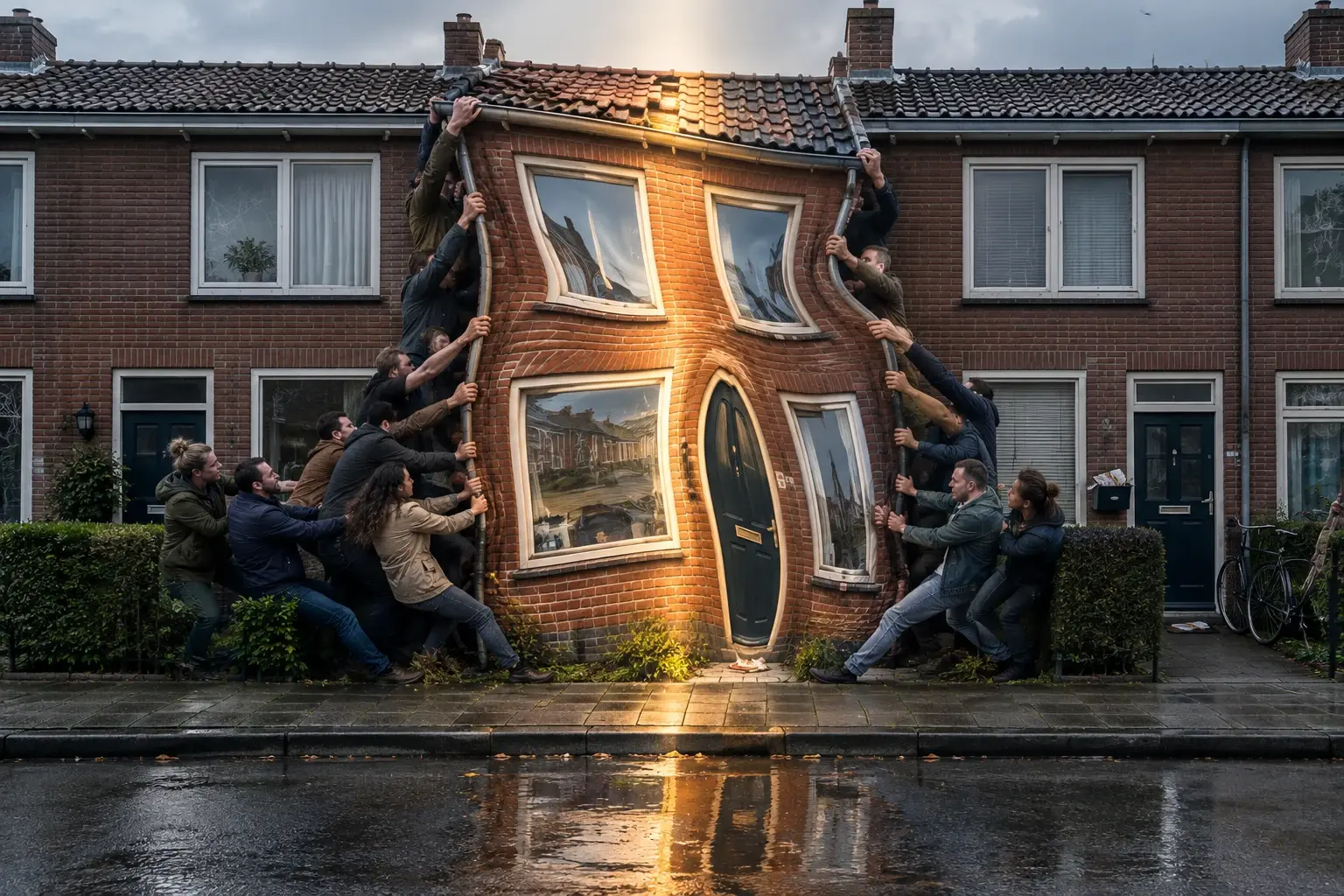 Een gewone Nederlandse straat waarin talloze handen de middelste tussenwoning uitrekken, terwijl de huizen ernaast roerloos blijven staan.