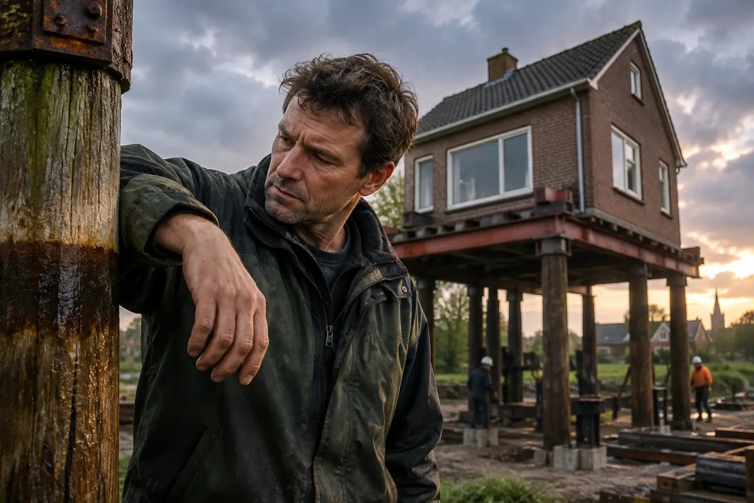 Een niet-identificeerbare bewoner meet met geheven onderarm een oude waterlijn op ellebooghoogte, terwijl achter hem een opgetild huis op zijn dienblad boven de grond hangt.