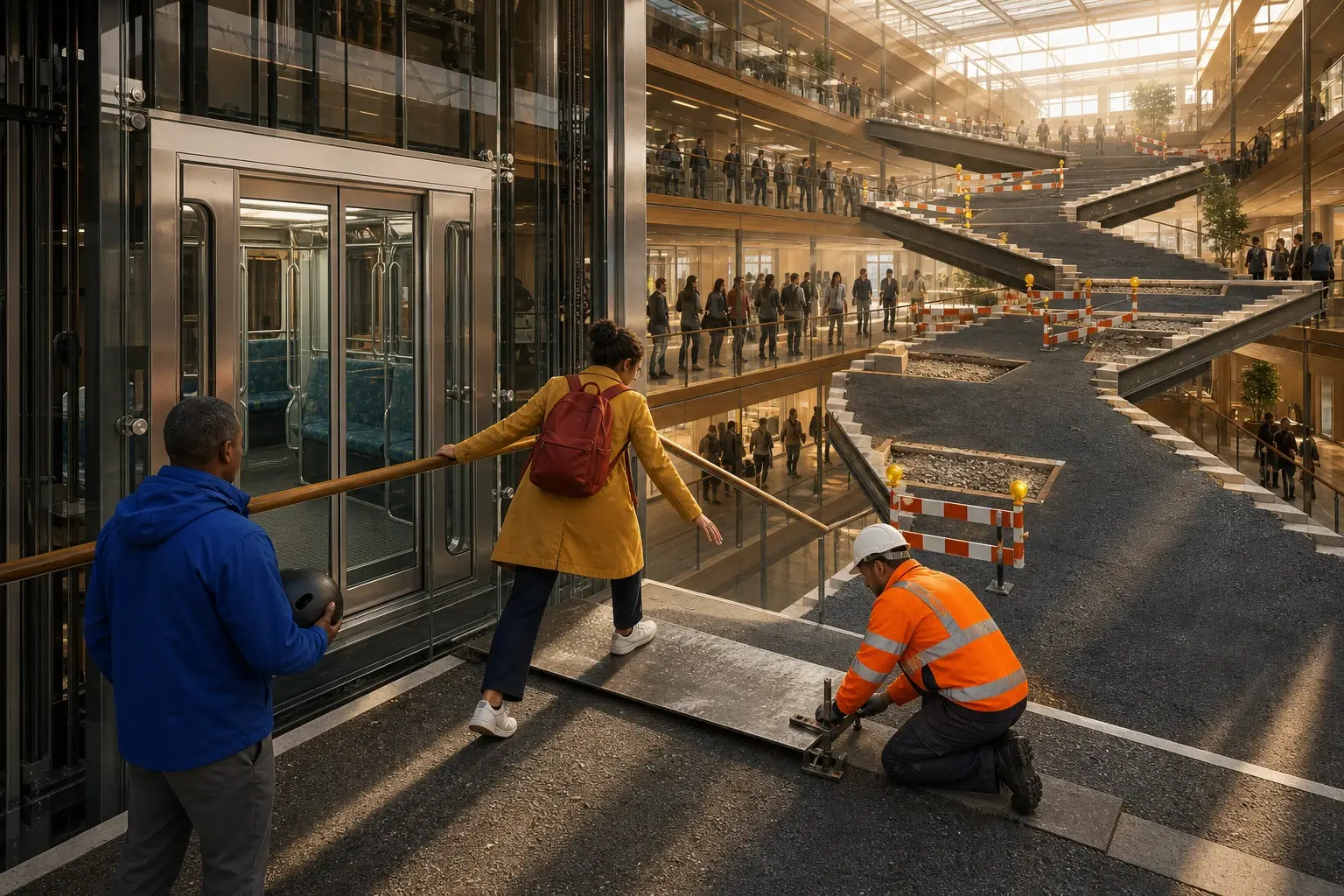 Een stilstaande OV-achtige lift naast een asfalttrap vol wegwerkzaamheden, terwijl een reiziger over een doorbuigende noodplaat stapt en lange rijen wachten.