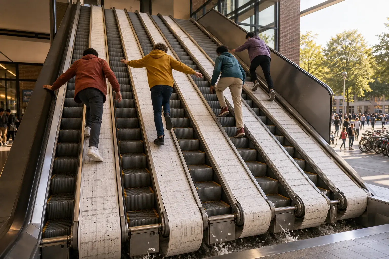 Vier tieners proberen een brede schoolroltrap op te lopen, maar vier van de tien tredenbanen zijn papieren lussen die hen zichtbaar weer naar beneden voeren.