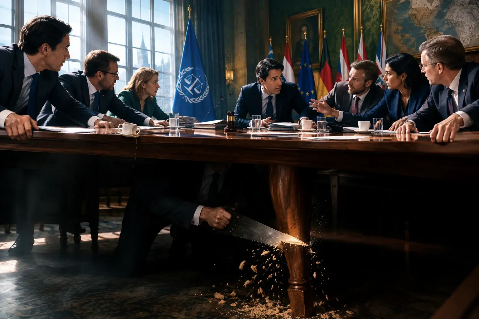 Een vergadertafel waar acht paar handen het blad dragen, terwijl onder de tafel een man in pak een poot doorzaagt.