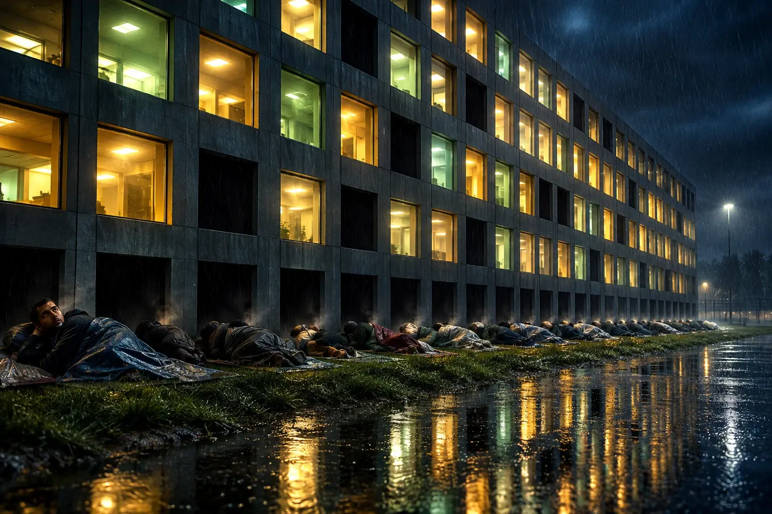 Nachtelijk aanmeldcentrum met twintig donkere vensters en twintig slapende mensen in de regen op het gras, in dezelfde rechthoekige patronen.