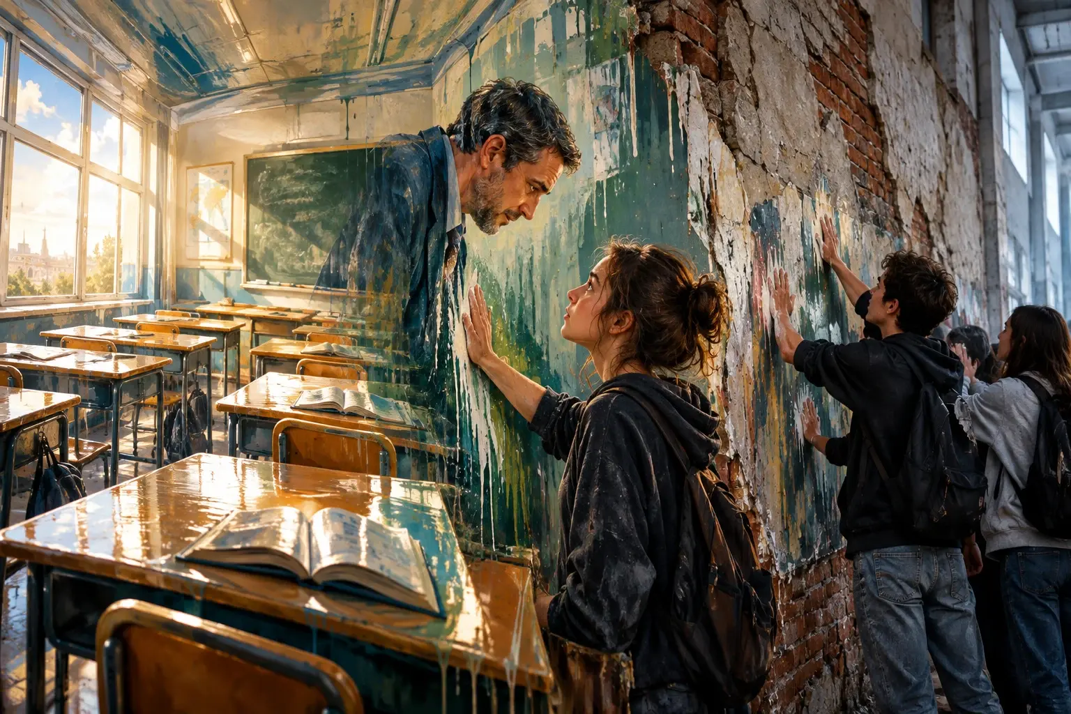 Trompe-l'oeil van een geschilderd klaslokaal op een verkrotte schoolmuur; leerlingen duwen door de natte verf.