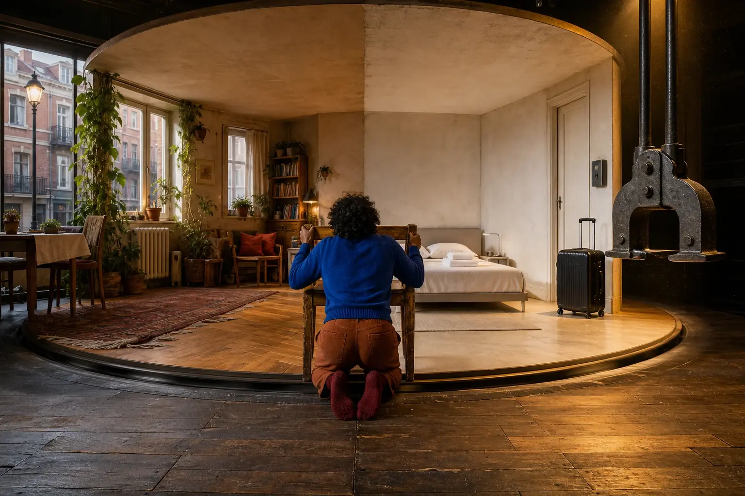 Een bewoner trekt een eetkamerstoel uit een draaiend appartement dat beurtelings thuis en tijdelijk verblijf wordt, terwijl een gemeentelijke rem nog boven de schijf zweeft.