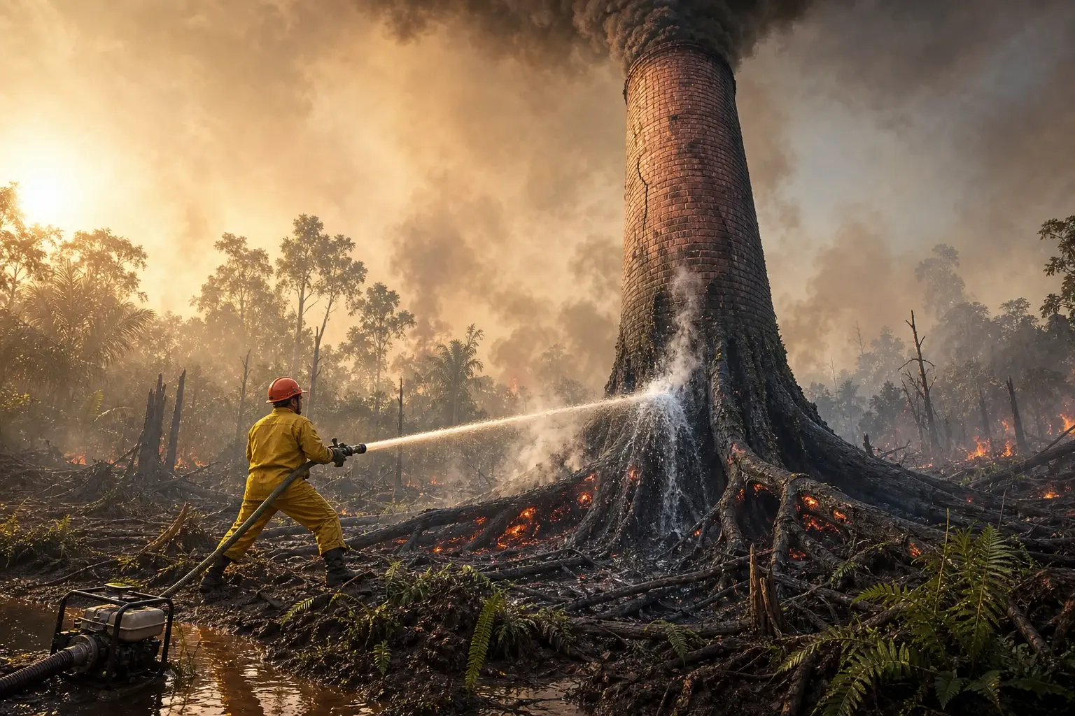 Een brandbestrijder spuit water op de wortelvoet van een enorme schoorsteen die uit verkoolde tropische bomen groeit en rook van meerdere bosbranden bundelt.