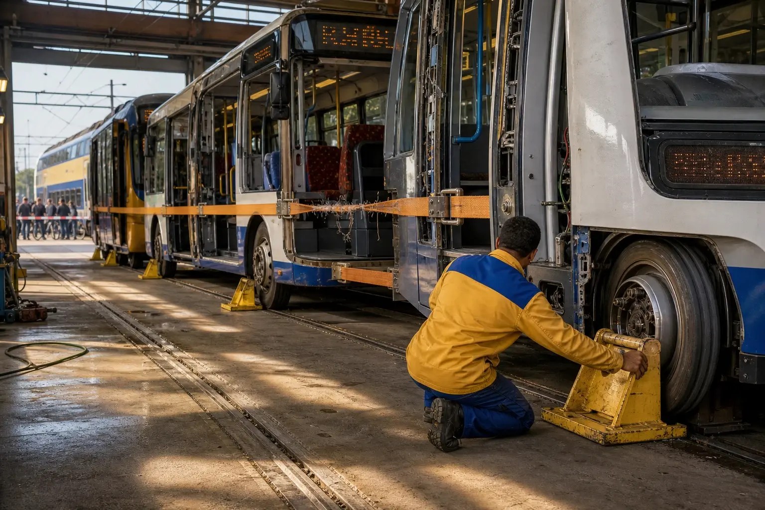 Een ov-medewerker blokkeert het laatste wiel van vier stilstaande voertuigen terwijl één verzwakte veiligheidsband door al hun interieurs strak gespannen blijft.