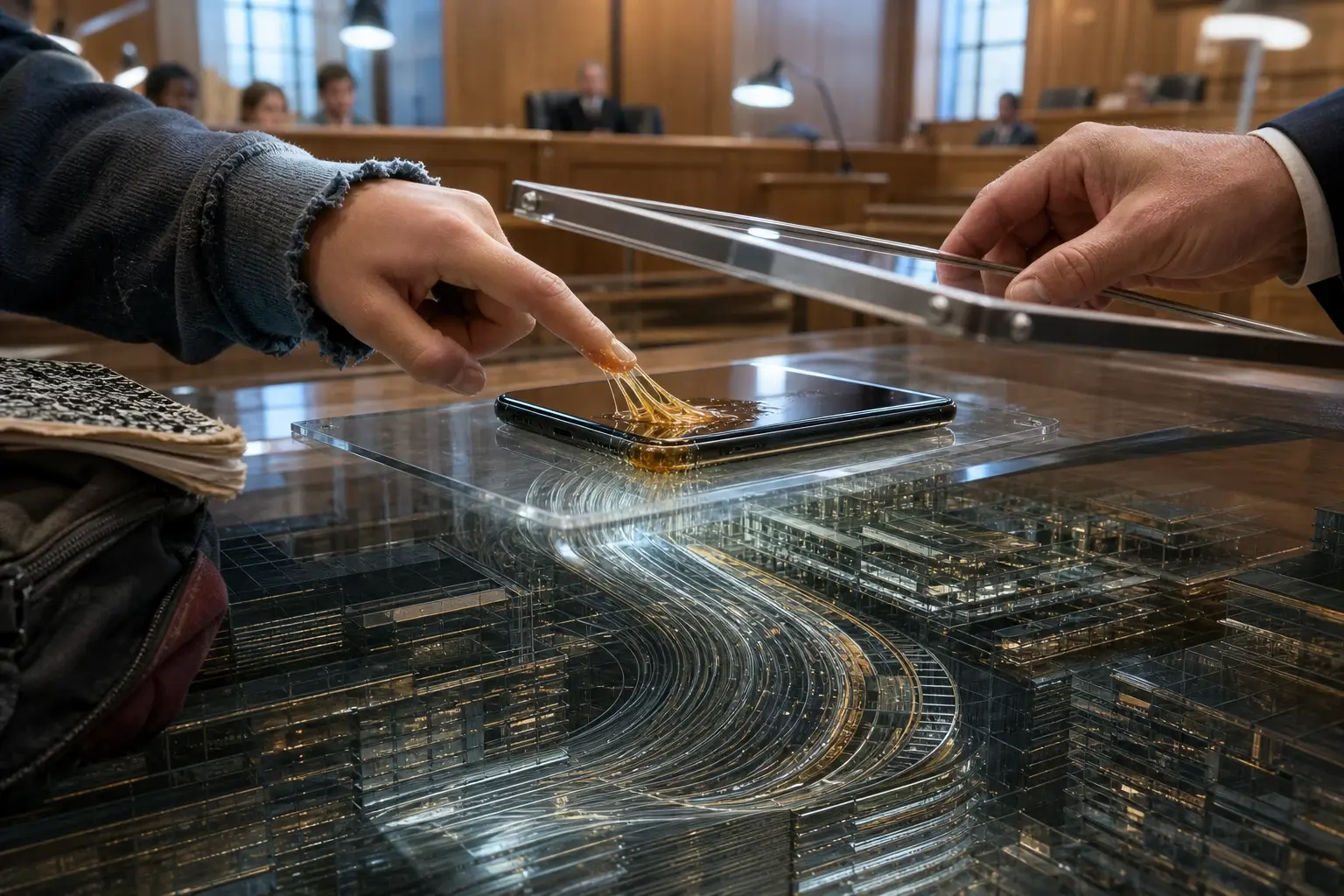 De vinger van een jongere kleeft aan een smartphone op een rechtbanktafel, terwijl een glazen bedrijfsstructuur onder het blad naar die aanraking wordt getrokken.